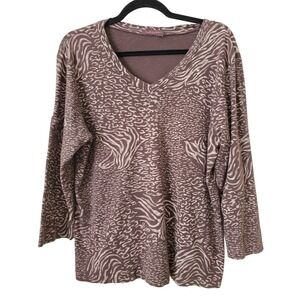 Fresh Produce Women's XXL Long Sleeve V Neck Top Brown 100%‎ Cotton Made In USA